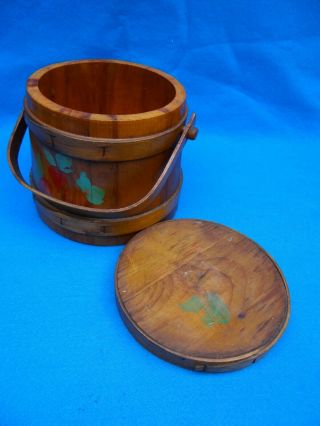 Vintage Antique Primitive Wooden Firkin Sugar Bucket w/Lid & Bentwood Handle 5