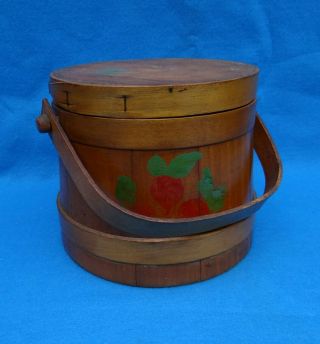 Vintage Antique Primitive Wooden Firkin Sugar Bucket w/Lid & Bentwood Handle 8