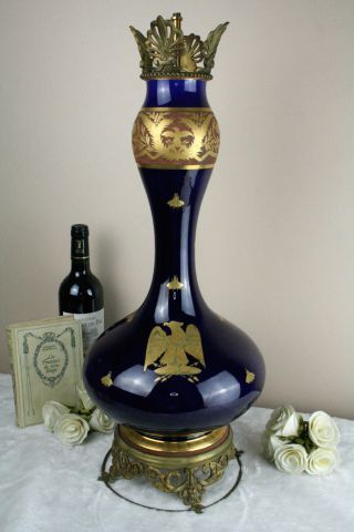 Gorgeous Xl Antique French Napoleon Eagle Porcelain Blue Lamp 1950 