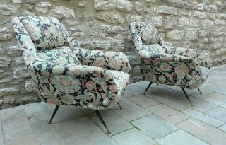 Mid Century Gigi Radice Gio Ponti Pair Lounge Chairs & Curved Sofa Italy 50s