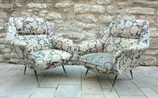 Mid century Gigi Radice Gio Ponti Pair Lounge chairs & Curved Sofa Italy 50s 2