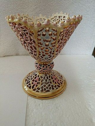 Vintage Zsolnay Pecs Pottery Vase Gold,  Pink,  Blue,  Cream " Signed " Hungary