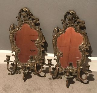 Victorian Rococo Brass Ornate Mirror Candle Holders