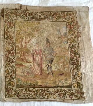 Charming Large Antique Tapestry Panel.  Petit Point Medieval Lady,  Knight,  Dog