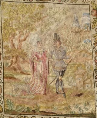 CHARMING LARGE ANTIQUE TAPESTRY PANEL.  PETIT POINT MEDIEVAL LADY,  KNIGHT,  DOG 2