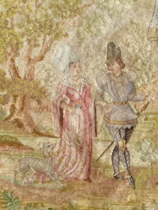 CHARMING LARGE ANTIQUE TAPESTRY PANEL.  PETIT POINT MEDIEVAL LADY,  KNIGHT,  DOG 3