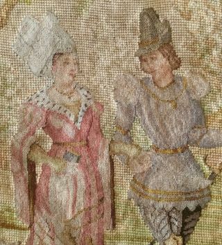 CHARMING LARGE ANTIQUE TAPESTRY PANEL.  PETIT POINT MEDIEVAL LADY,  KNIGHT,  DOG 4