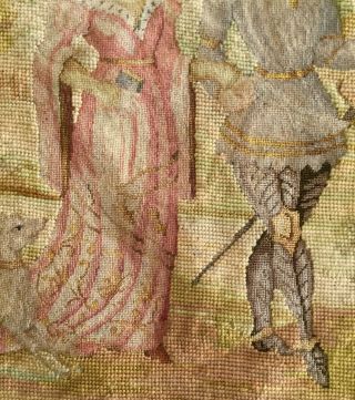 CHARMING LARGE ANTIQUE TAPESTRY PANEL.  PETIT POINT MEDIEVAL LADY,  KNIGHT,  DOG 5