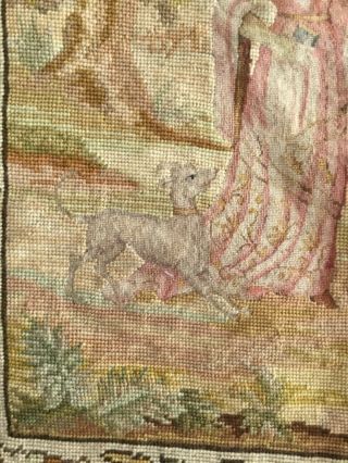 CHARMING LARGE ANTIQUE TAPESTRY PANEL.  PETIT POINT MEDIEVAL LADY,  KNIGHT,  DOG 6