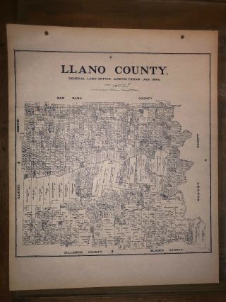 1890 Llano County Texas Map Land Office Austin Blue Line Antique Vintage