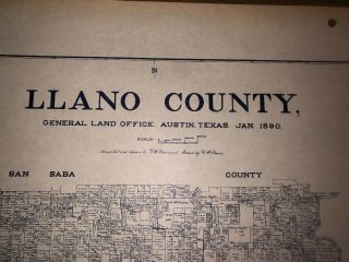 1890 LLANO COUNTY TEXAS MAP LAND OFFICE AUSTIN BLUE LINE ANTIQUE VINTAGE 2