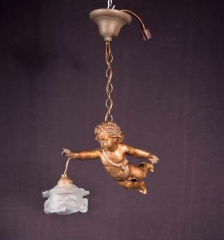 Antique French Spelter Chandelier/hanging Lamp With Cherub/cupid