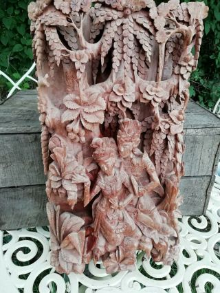 Intricate Hand Carved Wood Indonesian Wall Plaque Panel Balinese Dancers