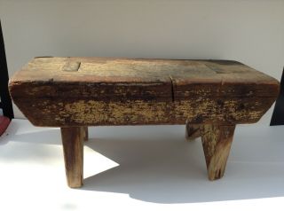 Primitive Little Wooden Stool From Circa 1860 - 1880,  Square Nail And Morticed