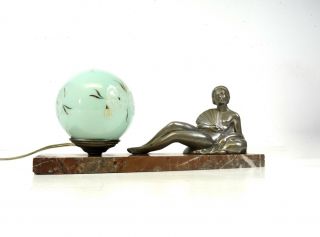 Very Rare Art Deco Nude Woman Metal Cast Table Lamp On Marble Antique 1930