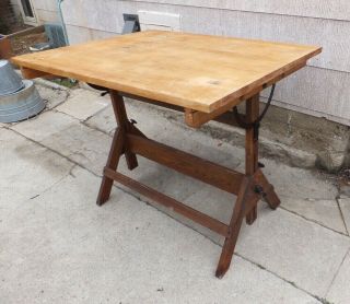 Vintage Hamilton Industrial Drafting Table - Oak,  Maple,  Cast Iron 1940s
