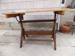 Vintage Hamilton Industrial Drafting Table - oak,  maple,  cast iron 1940s 3