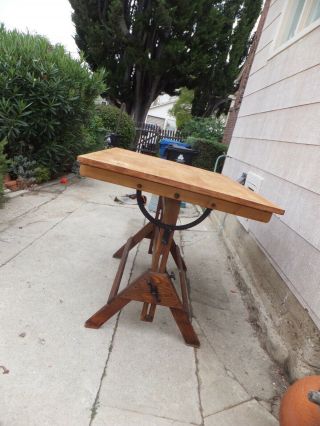 Vintage Hamilton Industrial Drafting Table - oak,  maple,  cast iron 1940s 4