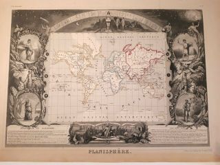 World Map Handcolored 1852 Antique Illustrated Pictorial Levasseur America Asia
