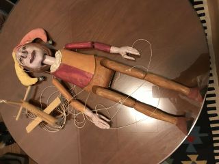Vintage Rare Marionette Hand Carved Painted Wood Jester Clown 29” Large Puppet