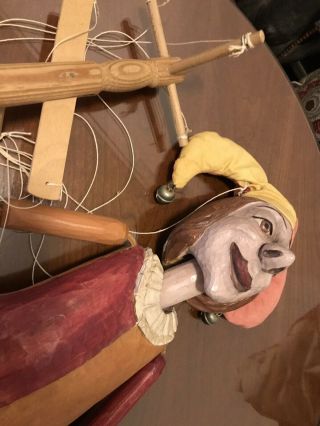 Vintage RARE Marionette Hand Carved Painted Wood Jester Clown 29” Large Puppet 3