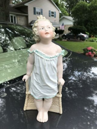 Antique Unusual Gebruder Heubach Bisque Baby Wicker Chair Figurine Doll Signed