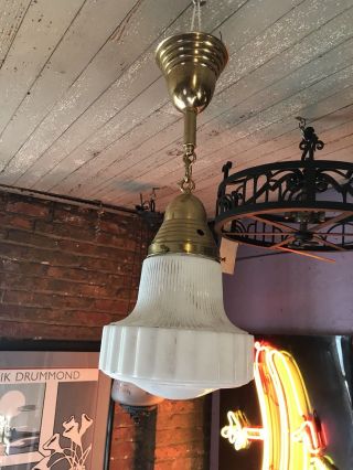 Antique Art Deco Pendant Ceiling Light Milk Glass Shade Brass Canopy And Chain
