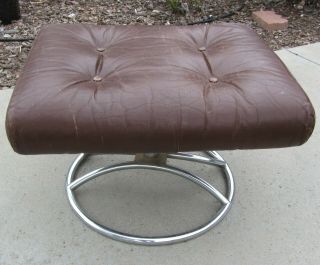 Vintage Ekornes Chair Ottoman Chrome & Leather Brown Mid Century Modern Mcm