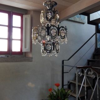 Gaetano Sciolari Vintage Italian 60s four lights crystal and chrome chandelier. 12