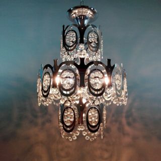 Gaetano Sciolari Vintage Italian 60s Four Lights Crystal And Chrome Chandelier.