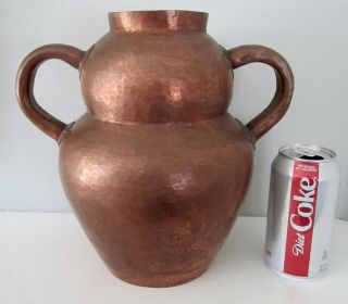 Vintage Antique Arts And Crafts Hammered Copper Vase Jug Handles Mission Style