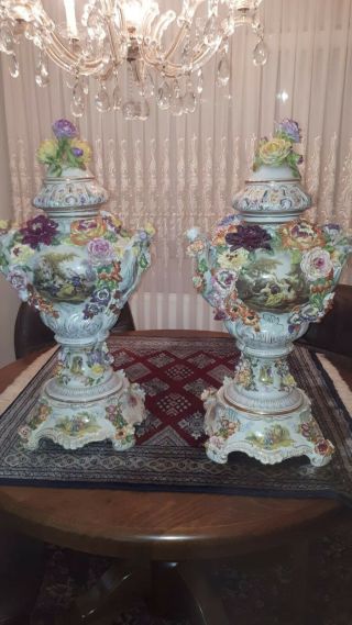 20th Century Large Dresden Porcelain Urns Vases Ornate Flowers