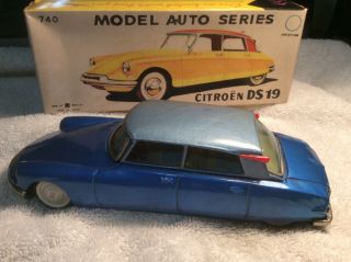 Vintage Bandai Citroen Ds19 Blue Sedan Tin Litho Friction Car W/ Box