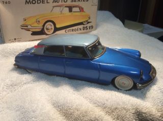 Vintage Bandai CITROEN DS19 Blue Sedan Tin Litho Friction Car W/ Box 3