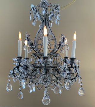 Antique Crystal Beaded French Chandelier Macaroni Flower Basket Maison Bagues