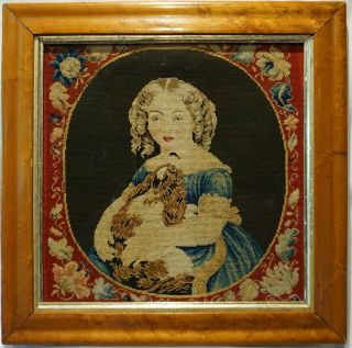 Mid 19th Century Needlepoint Of A Young Girl With Her Pet Spaniel - C.  1860