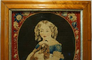 MID 19TH CENTURY NEEDLEPOINT OF A YOUNG GIRL WITH HER PET SPANIEL - c.  1860 2