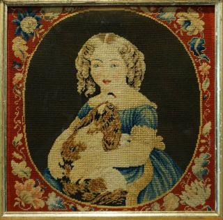 MID 19TH CENTURY NEEDLEPOINT OF A YOUNG GIRL WITH HER PET SPANIEL - c.  1860 9