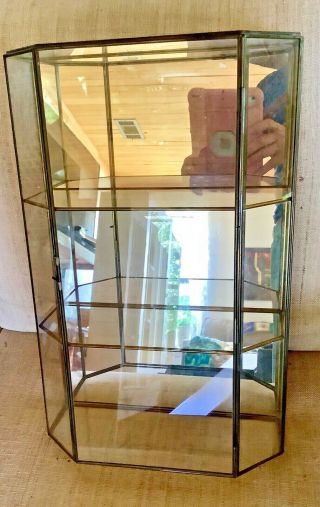 Vtg Brass Glass Table Top /Wall Curio Cabinet Display Shelf Case Mirror Back 2