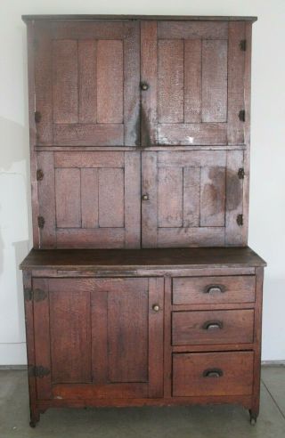 Heavy Wood Antique Hoosier Style Cabinet Kitchen Cupboard Furniture Metal Wheels
