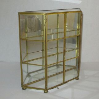Display Case Curio Cabinet Vintage Glass Brass Mirrored Table Top Or Wall Hang
