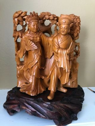 Wood Carved Statue Chinese Folk Tale Love Story " Poet & Beauty " 9.  5 " H 才子佳人“桃花扇”