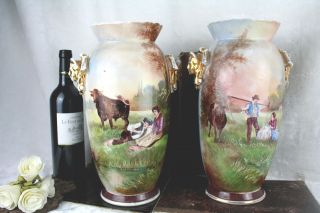 Pair Vieux Paris French 1900 Porcelain Vases Cows Couple Farm Putti Heads