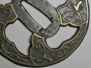 EARLY EDO BEAUTIFULL 8 cm HEIANJO TSUBA / BRASS INLAY / FINE GOLD PATTERN 5