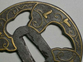 EARLY EDO BEAUTIFULL 8 cm HEIANJO TSUBA / BRASS INLAY / FINE GOLD PATTERN 6