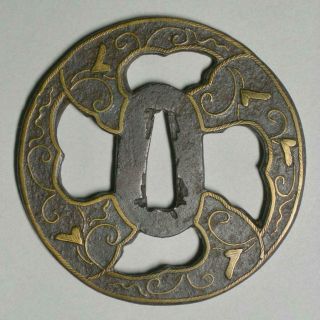 EARLY EDO BEAUTIFULL 8 cm HEIANJO TSUBA / BRASS INLAY / FINE GOLD PATTERN 9