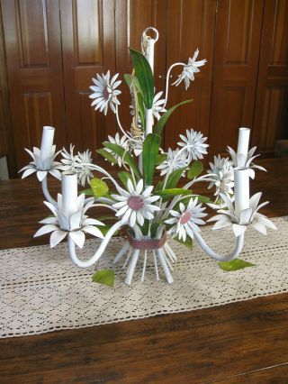 Midcentury Vintage Italian Tole Metal White Floral Daisy 5 Light Swag Chandelier