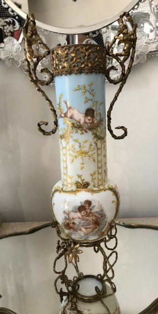 Antique 15 " French European Opaline Glass Vase Cherubs Gold Gilt Ormolu Mounting