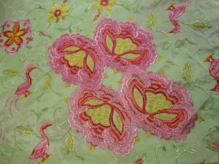 1920 ' s Flapper EMBROIDERED SILK PIANO SHAWL Vibrant Flowers Birds Long Fringe 12