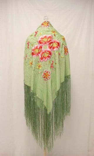 1920 ' s Flapper EMBROIDERED SILK PIANO SHAWL Vibrant Flowers Birds Long Fringe 3